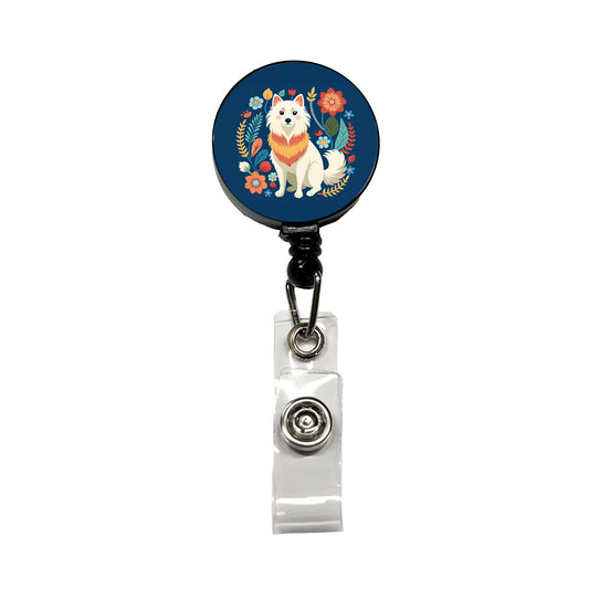 American Eskimo Dog Floral Flowers Retractable ID Key Card Name Tag Badge Holder with Clip