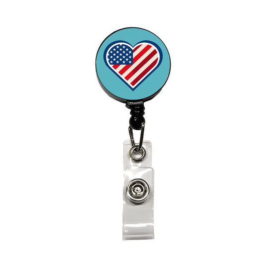 American Flag in Heart Patriotic USA United States Retractable ID Key Card Name Tag Badge Holder with Clip