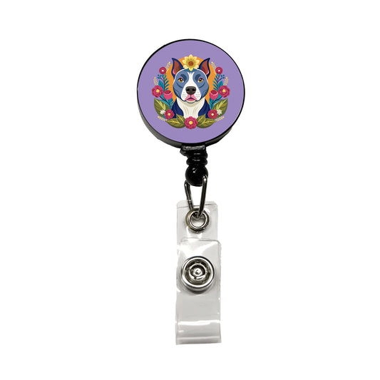 American Pit Bull Terrier Dog Floral Flowers Retractable ID Key Card Name Tag Badge Holder with Clip