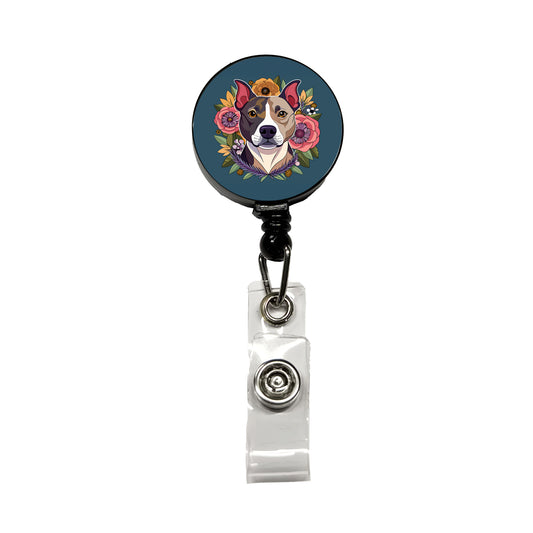 American Staffordshire Terrier Dog Floral Flowers Retractable ID Key Card Name Tag Badge Holder with Clip