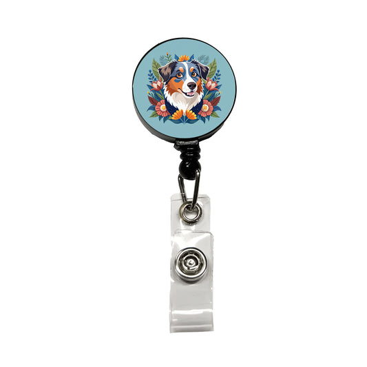 Australian Shepherd Dog Floral Flowers Retractable ID Key Card Name Tag Badge Holder with Clip