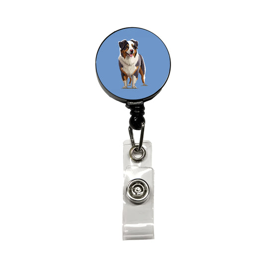 Australian Shepherd Dog Standing Retractable ID Key Card Name Tag Badge Holder with Clip