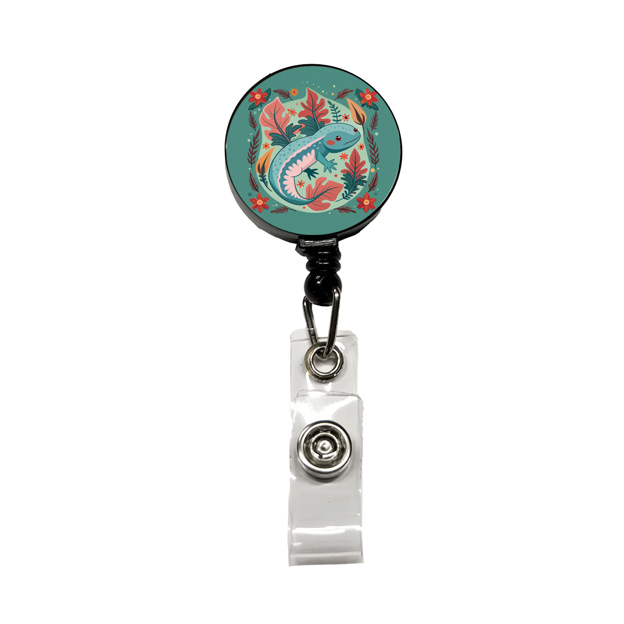 Axolotl Floral Motif Retractable ID Key Card Name Tag Badge Holder with Clip