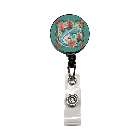 Axolotl Floral Motif Retractable ID Key Card Name Tag Badge Holder with Clip