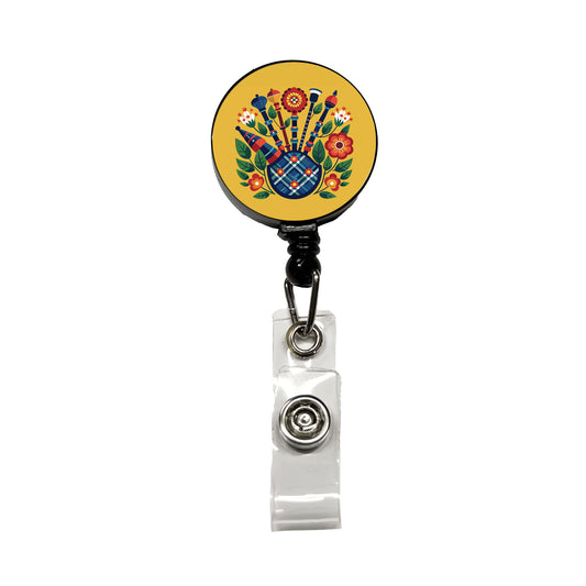 Bagpipes Music Floral Motif Retractable ID Key Card Name Tag Badge Holder with Clip