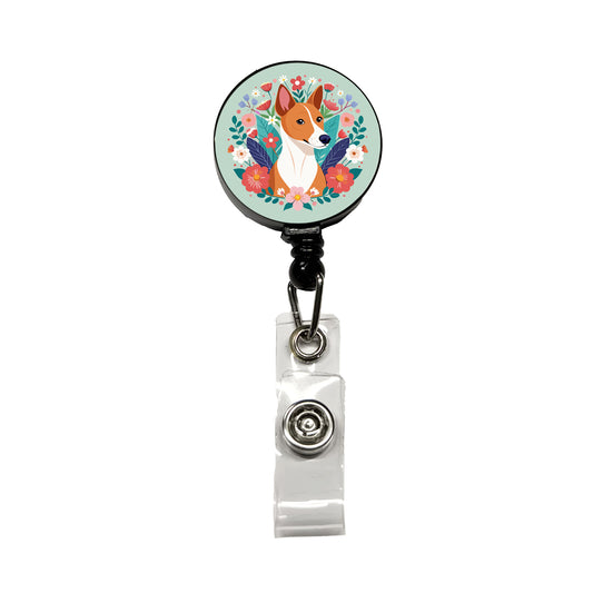 Basenji Dog Floral Flowers Retractable ID Key Card Name Tag Badge Holder with Clip