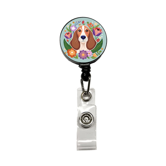 Basset Hound Dog Floral Flowers Retractable ID Key Card Name Tag Badge Holder with Clip