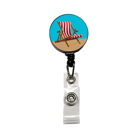 Beach Chair Red White Stripe Vacation Retractable ID Key Card Name Tag Badge Holder with Clip