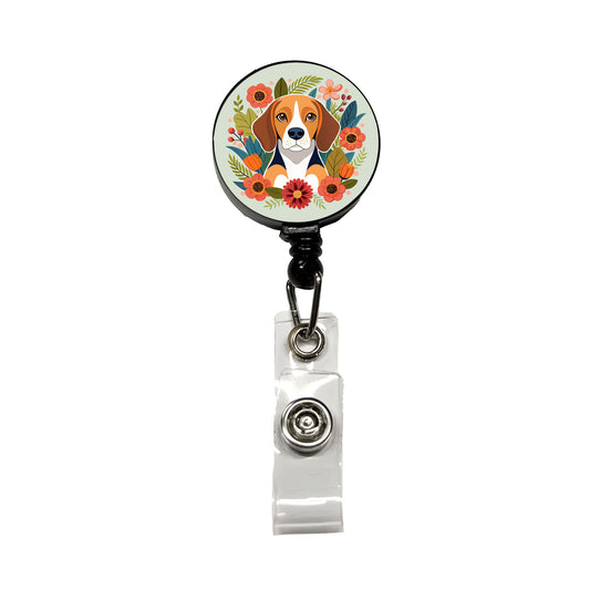 Beagle Dog Floral Flowers Retractable ID Key Card Name Tag Badge Holder with Clip
