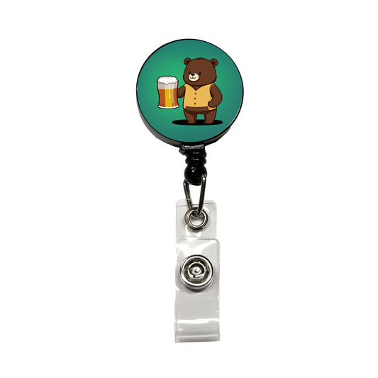Bear Drinking Beer Standing Funny Retractable ID Key Card Name Tag Badge Holder with Clip