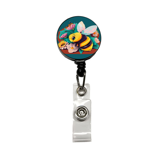 Bee and Flowers Floral Retractable ID Key Card Name Tag Badge Holder with Clip