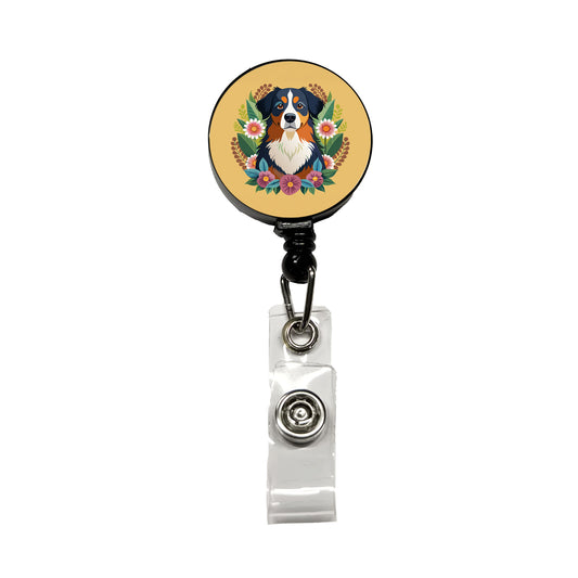 Bernese Mountain Dog Floral Flowers Retractable ID Key Card Name Tag Badge Holder with Clip