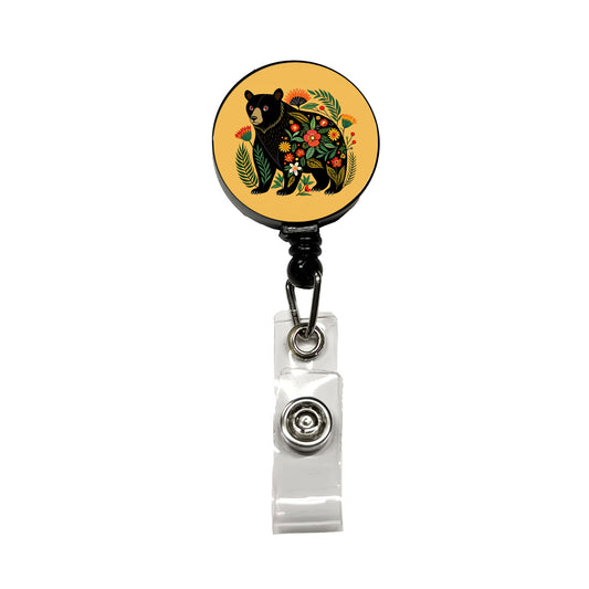 Black Bear Floral Motif Retractable ID Key Card Name Tag Badge Holder with Clip