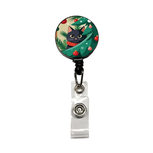 Black Cat Hiding in Christmas Tree Retractable ID Key Card Name Tag Badge Holder with Clip