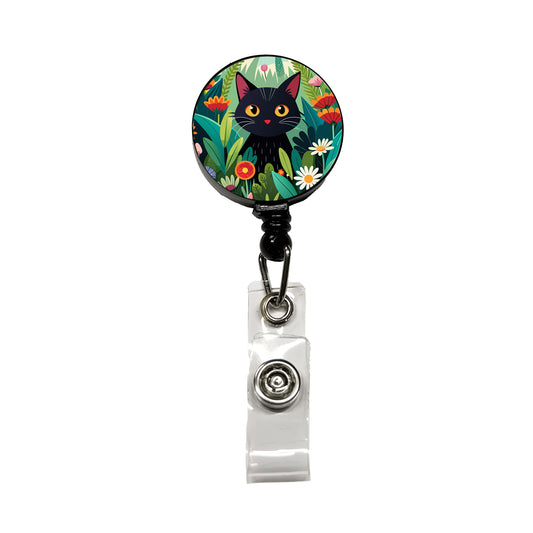 Black Cat Hiding in Flower Garden Retractable ID Key Card Name Tag Badge Holder with Clip