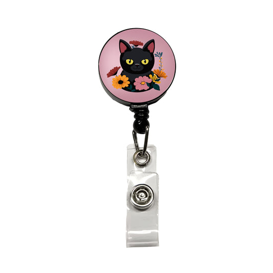 Black Cat in Flowers Retractable ID Key Card Name Tag Badge Holder with Clip
