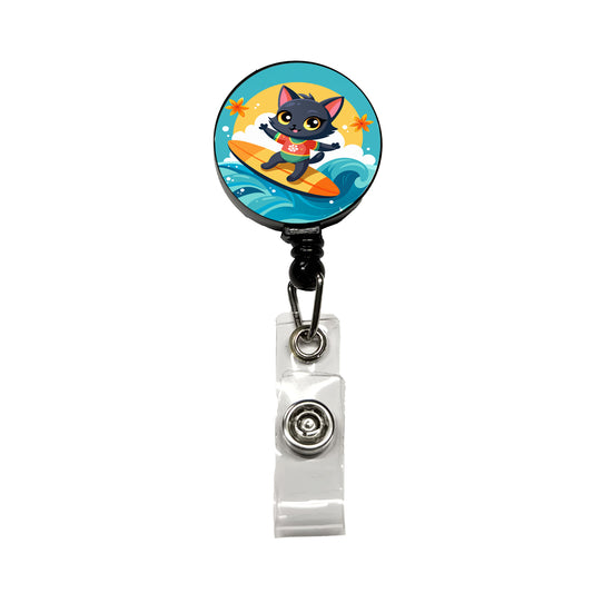 Black Cat Kitty Girl Surfing Retractable ID Key Card Name Tag Badge Holder with Clip