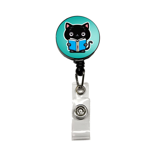Black Cat Reading Book Retractable ID Key Card Name Tag Badge Holder with Clip