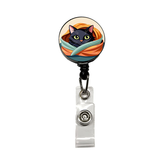 Black Cat Snuggling in Blanket Retractable ID Key Card Name Tag Badge Holder with Clip