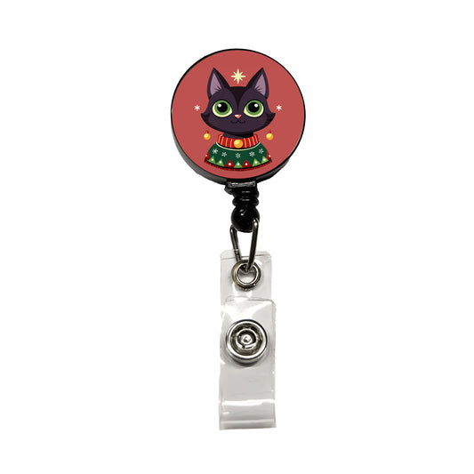Black Cat Wearing Christmas Sweater Retractable ID Key Card Name Tag Badge Holder with Clip