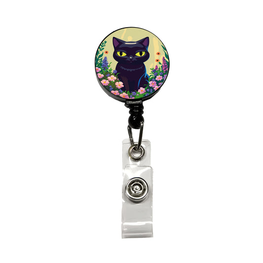 Black White Cat in Flower Garden Retractable ID Key Card Name Tag Badge Holder with Clip