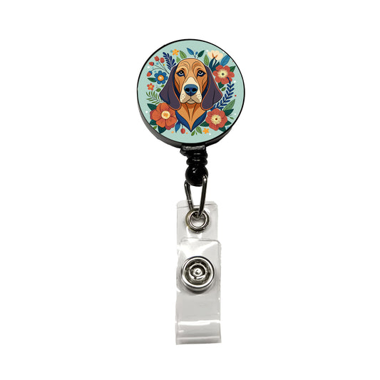 Bloodhound Dog Floral Flowers Retractable ID Key Card Name Tag Badge Holder with Clip