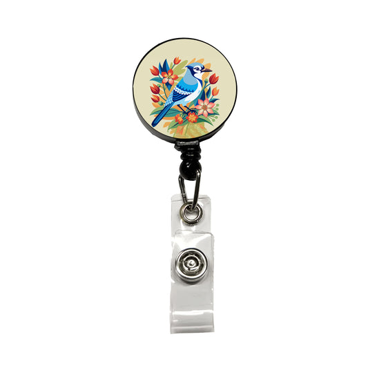 Blue Jay Floral Flowers Retractable ID Key Card Name Tag Badge Holder with Clip