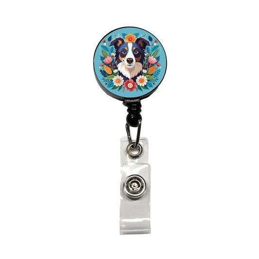 Border Collie Dog Floral Flowers Retractable ID Key Card Name Tag Badge Holder with Clip