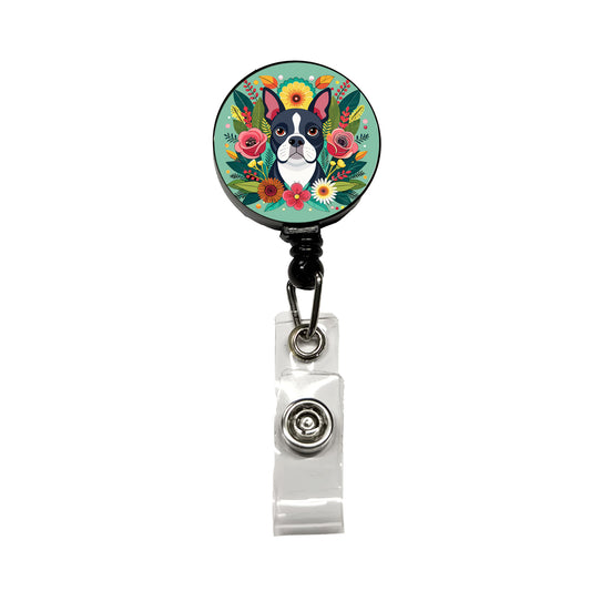 Boston Terrier Dog Floral Flowers Retractable ID Key Card Name Tag Badge Holder with Clip