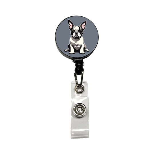 Boston Terrier Dog Sitting Retractable ID Key Card Name Tag Badge Holder with Clip