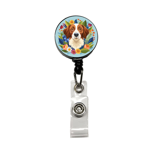 Brittany Spaniel Dog Floral Flowers Retractable ID Key Card Name Tag Badge Holder with Clip