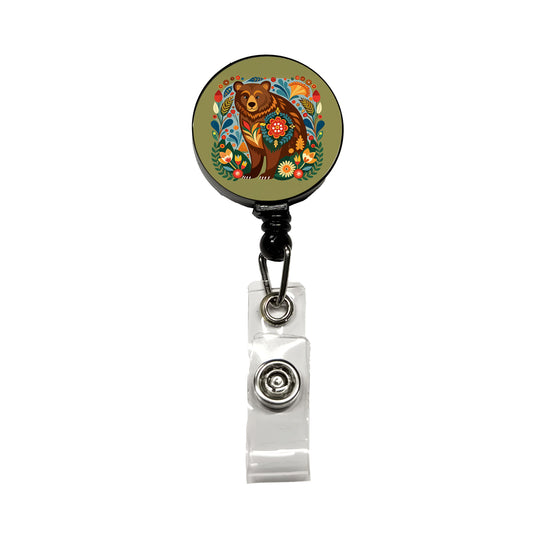 Brown Bear Floral Motif Retractable ID Key Card Name Tag Badge Holder with Clip
