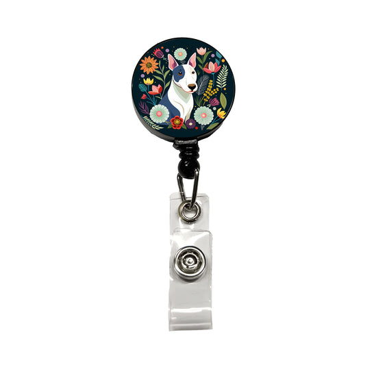 Bull Terrier Dog Floral Flowers Retractable ID Key Card Name Tag Badge Holder with Clip