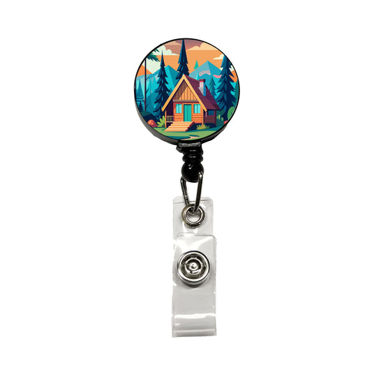 Cabin in the Forest Rustic Log Retractable ID Key Card Name Tag Badge Holder with Clip