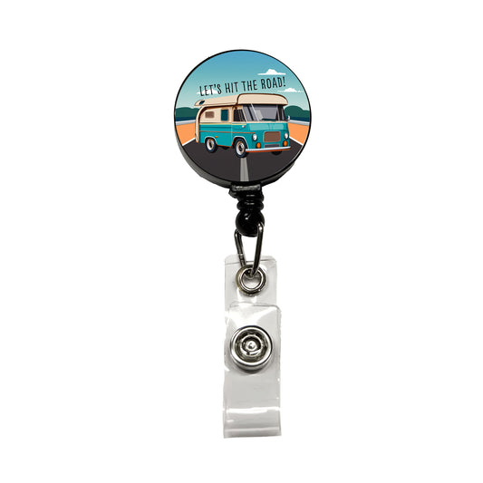 Camper RV Retro Vintage Traveling Hit the Road Camping Retractable ID Key Card Name Tag Badge Holder with Clip