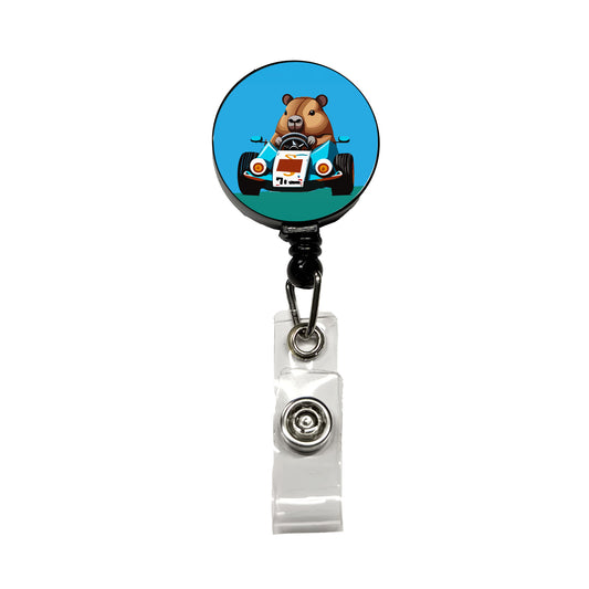 Capybara Driving Race Car Funny Retractable ID Key Card Name Tag Badge Holder with Clip