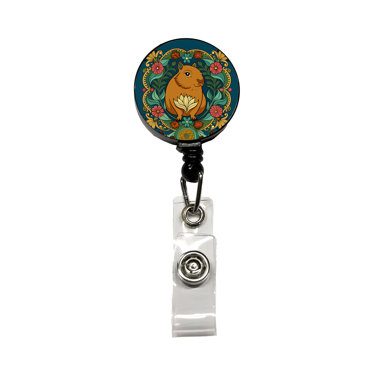 Capybara Floral Art Nouveau Flowers Elegant Retractable ID Key Card Name Tag Badge Holder with Clip