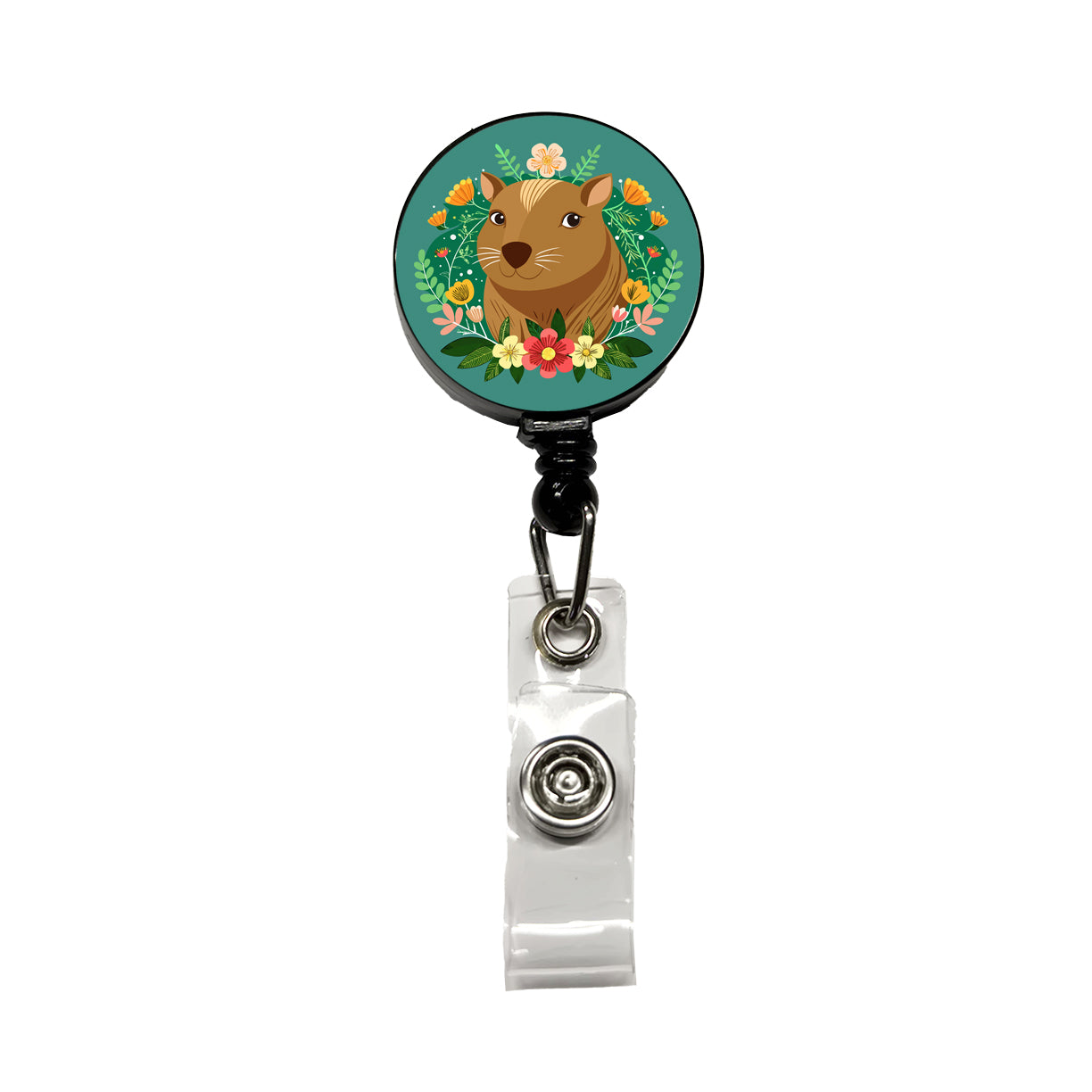 Capybara Head Floral Flowers Retractable ID Key Card Name Tag Badge Holder with Clip