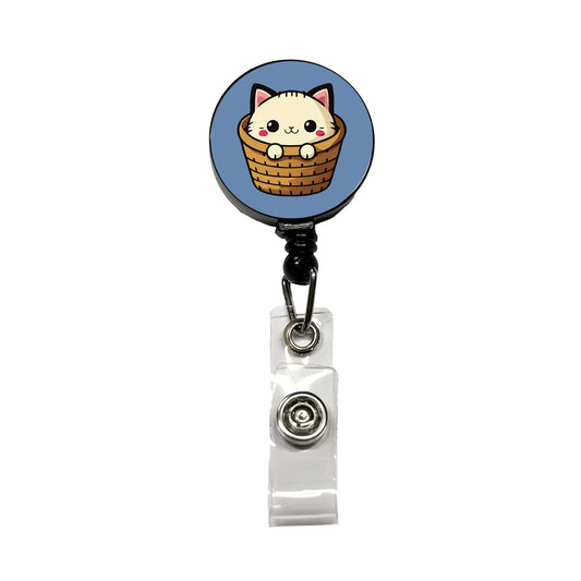 Cat Cute Chibi in Basket Retractable ID Key Card Name Tag Badge Holder with Clip