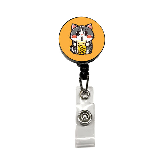 Cat Drinking Boba Bubble Tea Retractable ID Key Card Name Tag Badge Holder with Clip