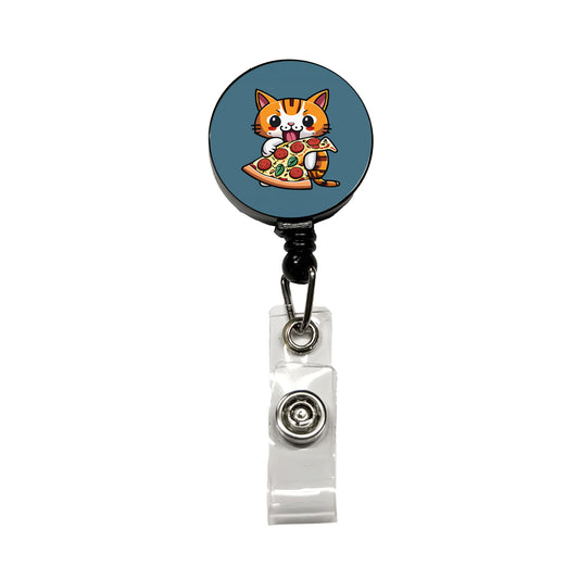 Cat Eating Pizza Funny Retractable ID Key Card Name Tag Badge Holder with Clip