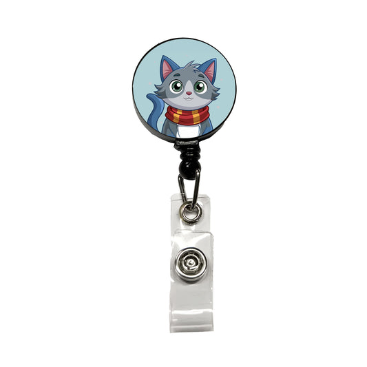 Cat Gray Wearing Winter Scarf Retractable ID Key Card Name Tag Badge Holder with Clip