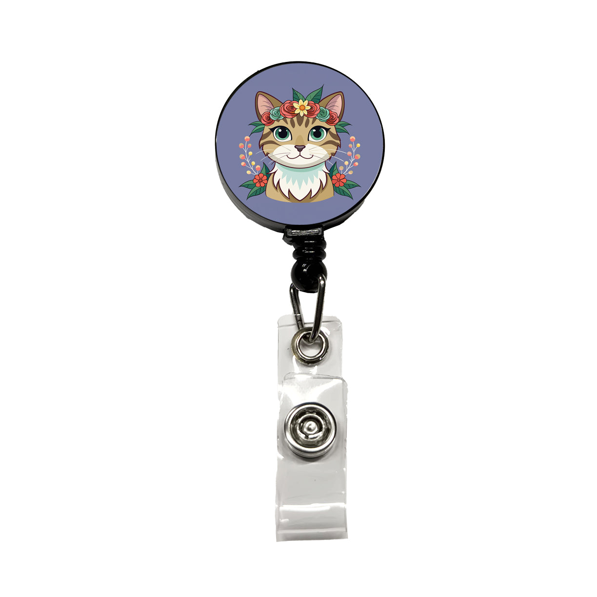 Cat Head Floral Flowers Retractable ID Key Card Name Tag Badge Holder with Clip