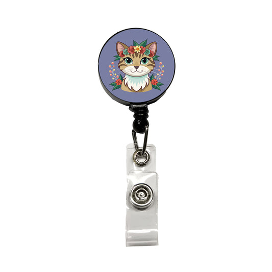 Cat Head Floral Flowers Retractable ID Key Card Name Tag Badge Holder with Clip