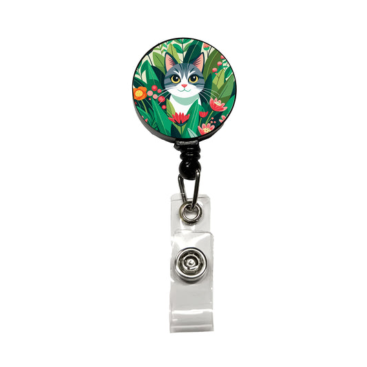 Cat Hiding in Flower Garden Retractable ID Key Card Name Tag Badge Holder with Clip