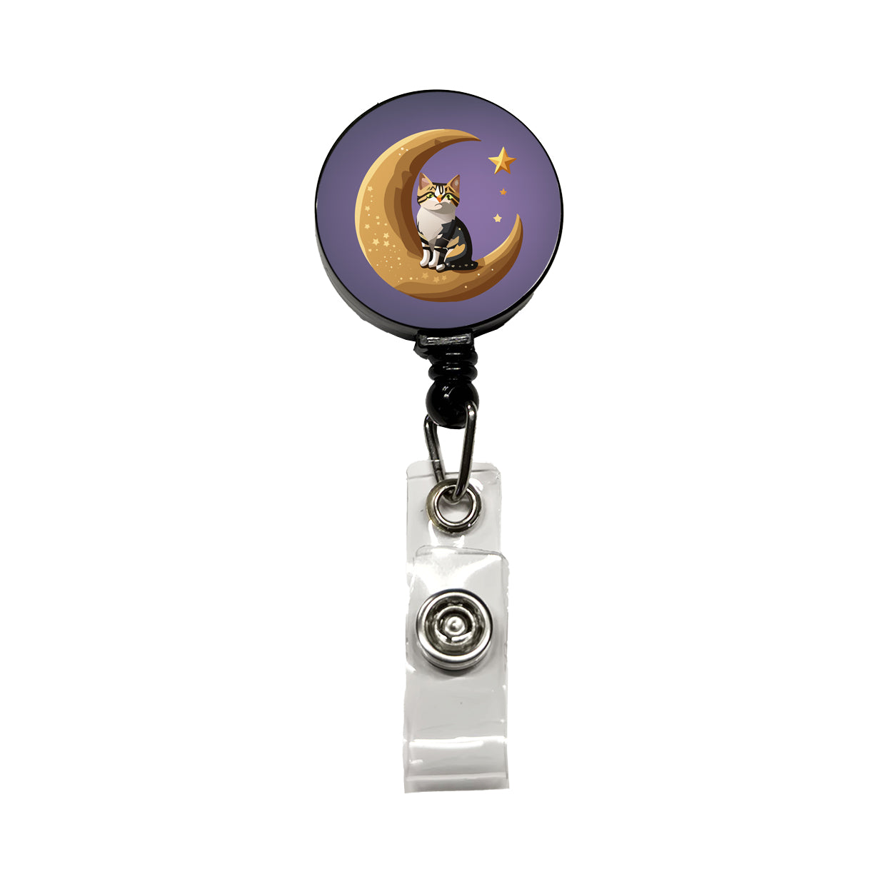 Cat on Crescent Moon Stars Cute Retractable ID Key Card Name Tag Badge Holder with Clip