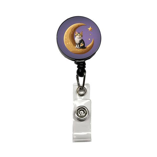 Cat on Crescent Moon Stars Cute Retractable ID Key Card Name Tag Badge Holder with Clip