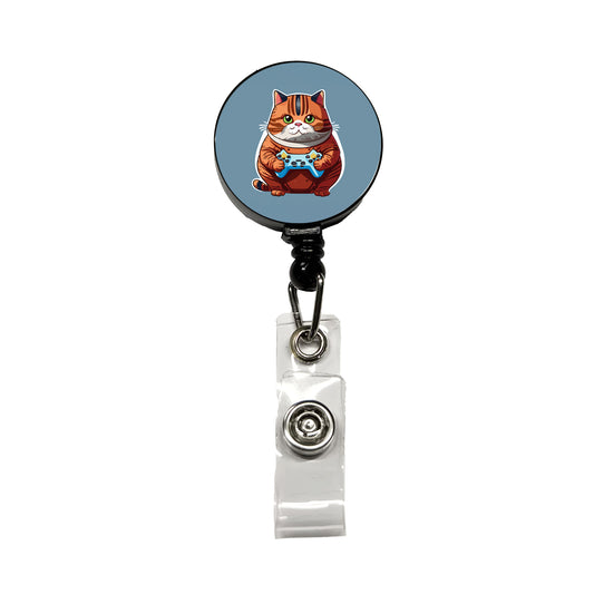 Cat Playing Game Gamer Gaming Chubby Retractable ID Key Card Name Tag Badge Holder with Clip