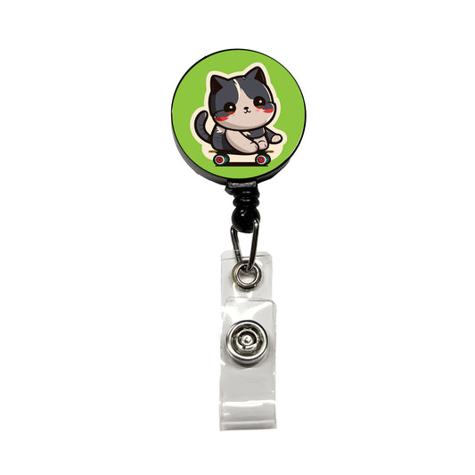 Cat Riding Skateboard Skater Kawaii Cute Retractable ID Key Card Name Tag Badge Holder with Clip