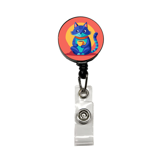 Cat Sipping Tea Retractable ID Key Card Name Tag Badge Holder with Clip